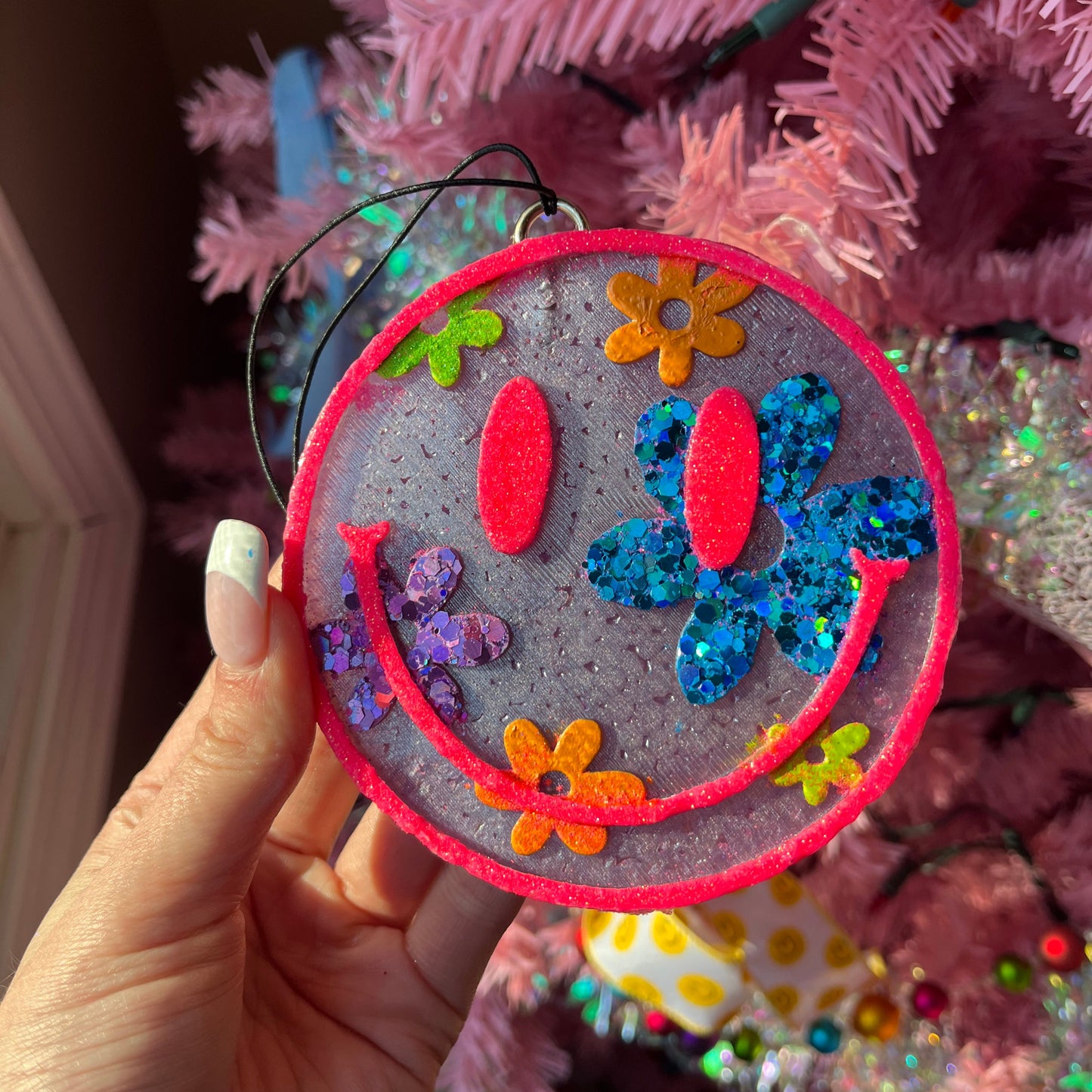 Neon Floral Glitter Smiley Freshie | pink pony club