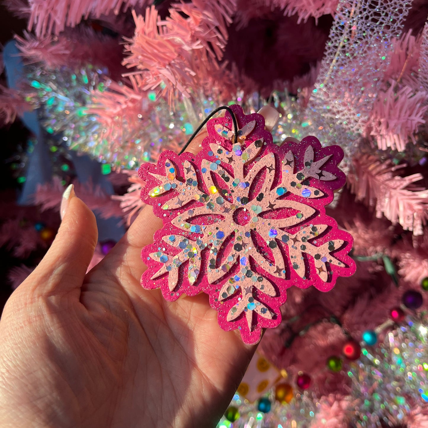 Pink Snowflake Car Freshie | caramel popcorn